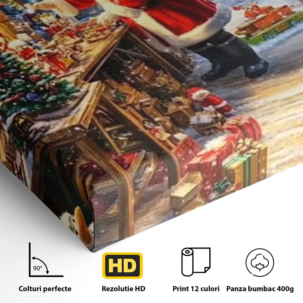 Detaliu al suprafetei: ilustratie digitala cu mos craciun in atelier, fara rama, pe sasiu de lemn